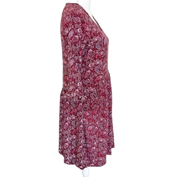 Garnet Hill Fit & Flare Boho Paisley Cottagecore Print V Neck Dress Maroon Sz 4 - Picture 3 of 9